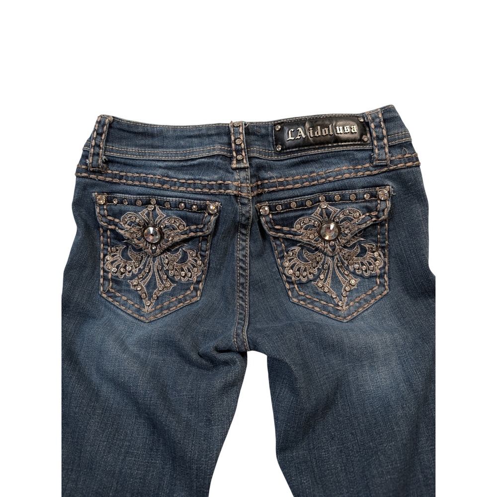 LA Idol Women Jeans 28 Blue Embellished Bootcut Rhinestone Flap Pocket Denim